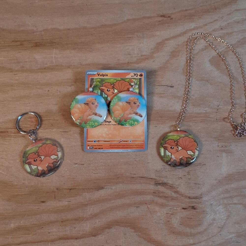 Handmade Vulpix Jewelry Set Earrings Necklace Keychain Set Round Resin Card Fox